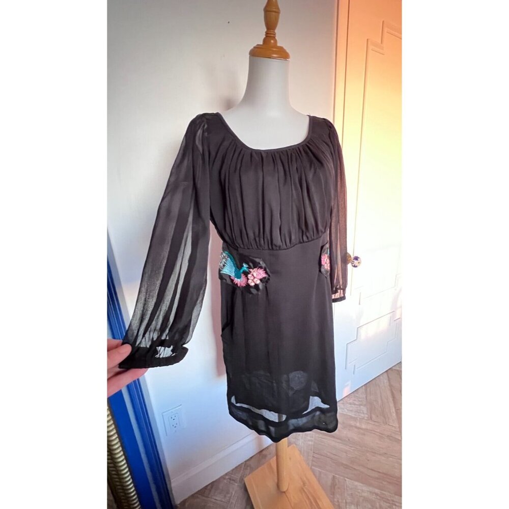 Desigual Black Dress EU 42 US L Peacock Embroidery Veil Sheer Sleeves Rochie - Picture 3 of 16